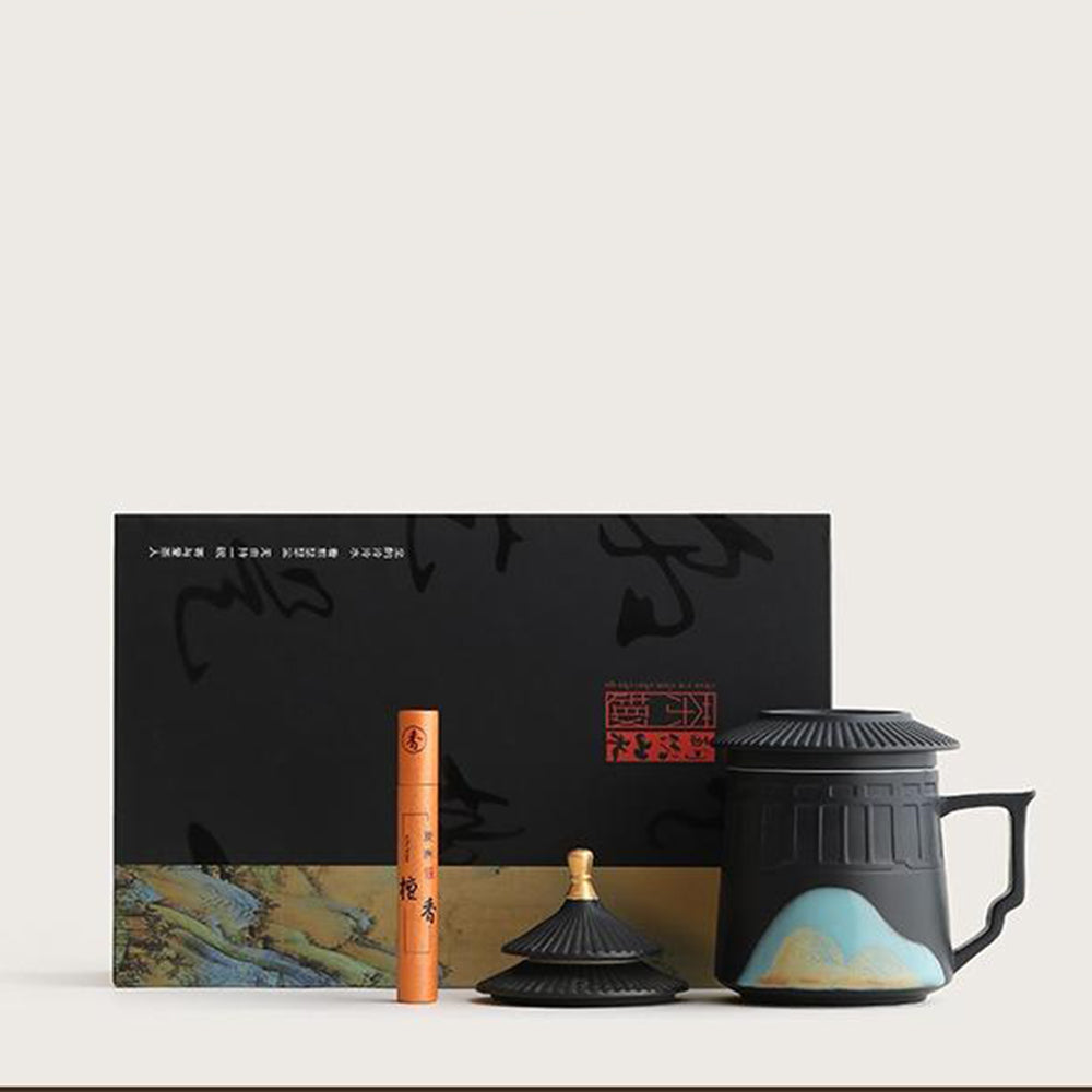 Ceramic Tea Cup with Lid and Incense Holder - Mountain Landscape Design