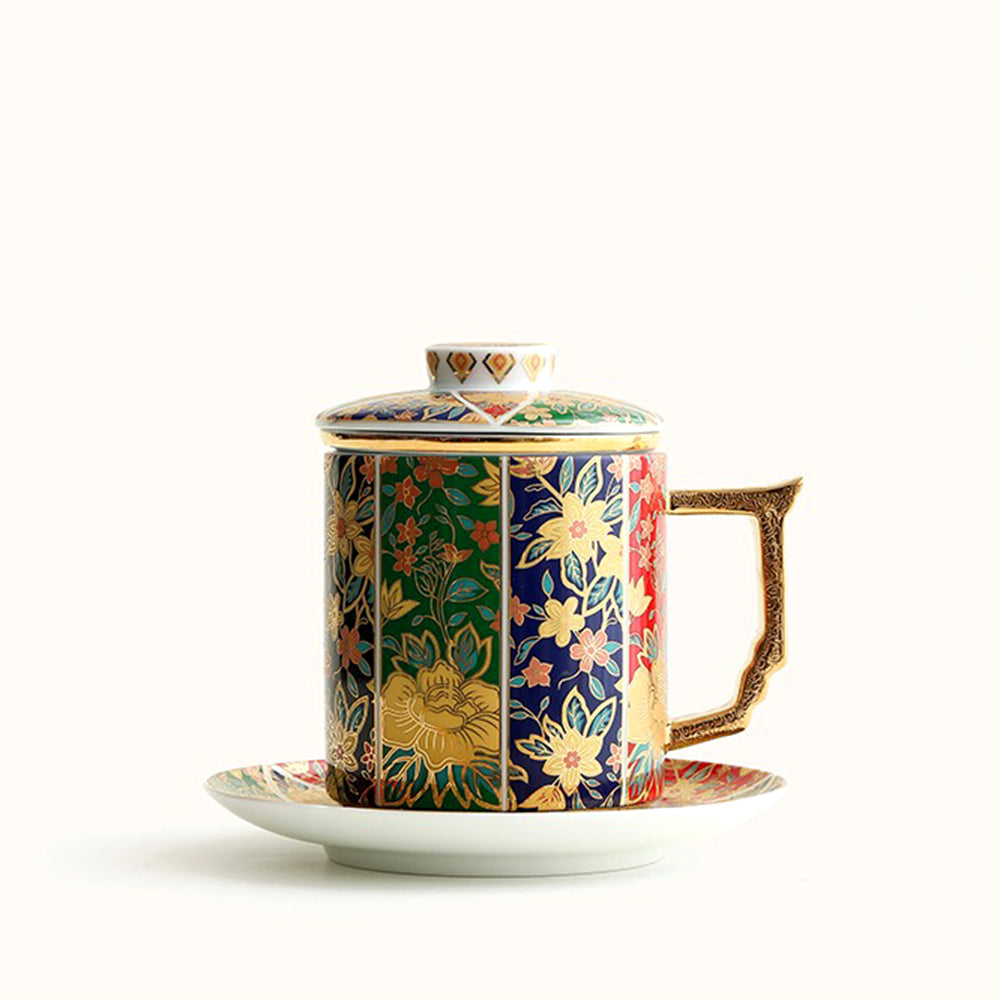 Floral Enamel Porcelain Tea Cup with Lid and Saucer