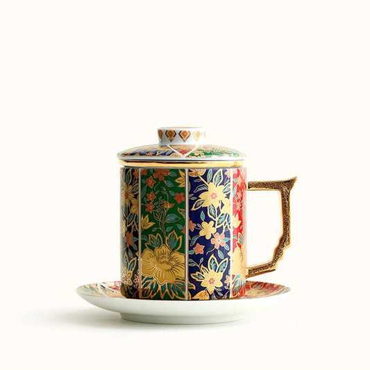 Floral Enamel Porcelain Tea Cup with Lid and Saucer