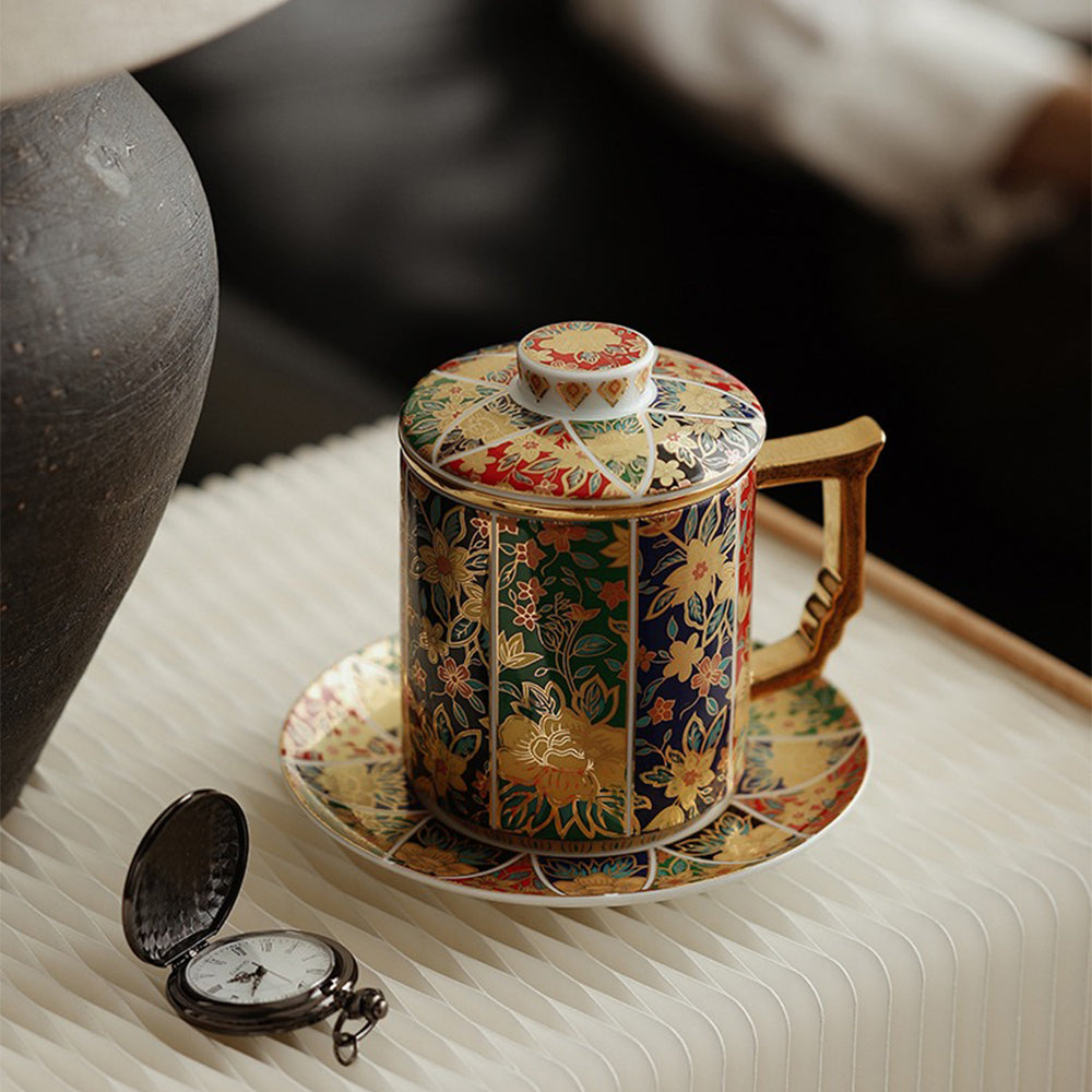 Floral Enamel Porcelain Tea Cup with Lid and Saucer
