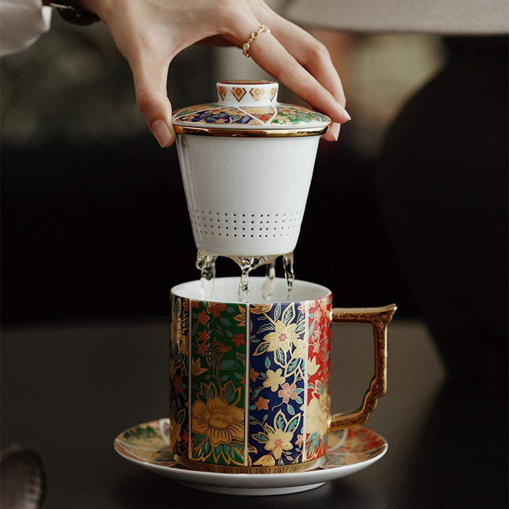 Floral Enamel Porcelain Tea Cup with Lid and Saucer