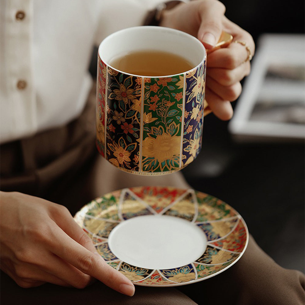 Floral Enamel Porcelain Tea Cup with Lid and Saucer