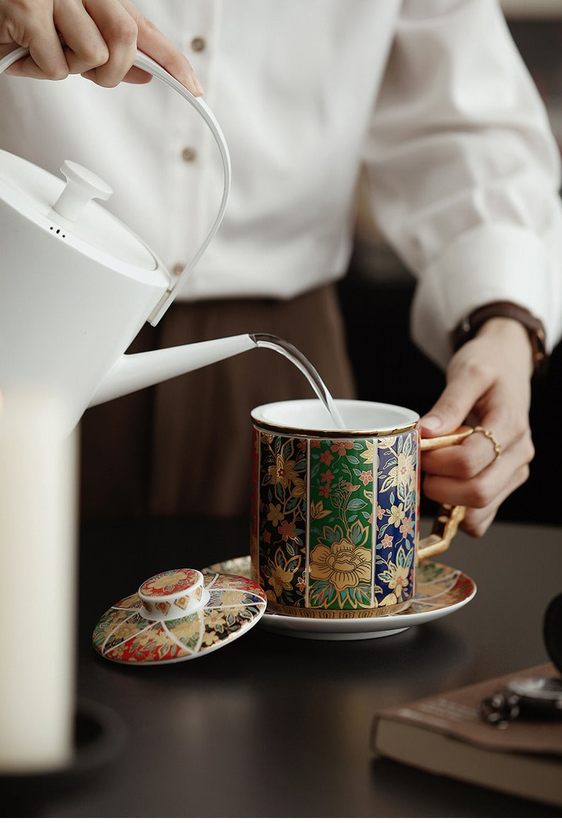 Floral Enamel Porcelain Tea Cup with Lid and Saucer