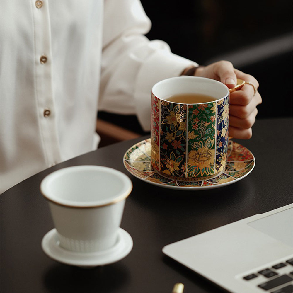 Floral Enamel Porcelain Tea Cup with Lid and Saucer