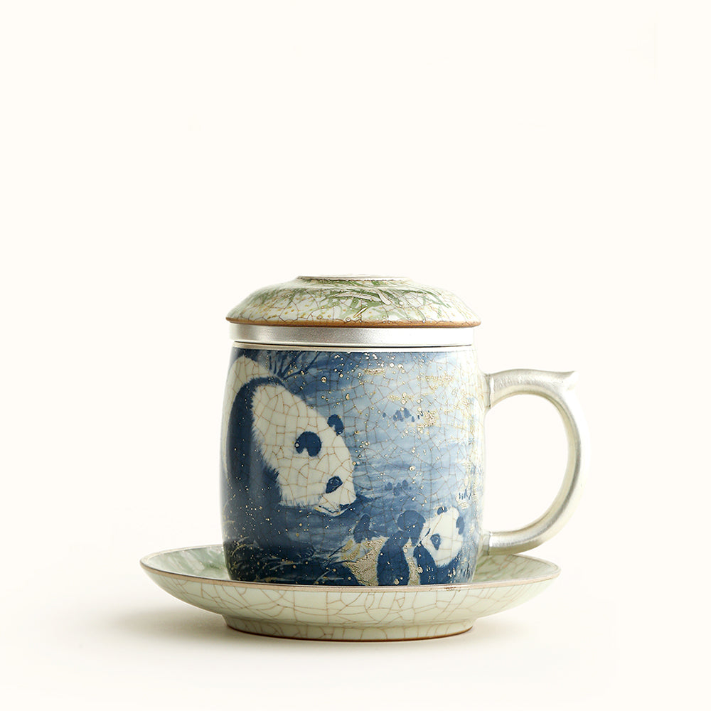 Ru Kiln Panda and Bamboo Ceramic Tea Cup with Lid and Saucer