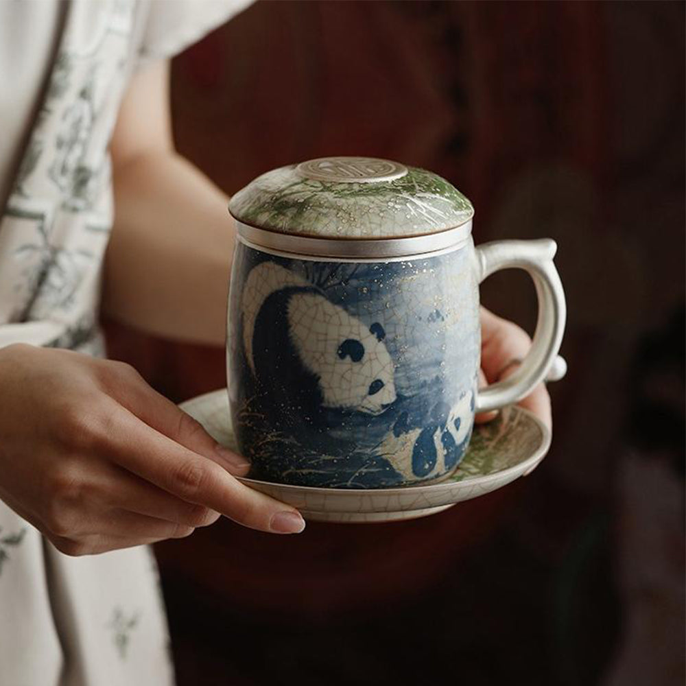 Ru Kiln Panda and Bamboo Ceramic Tea Cup with Lid and Saucer