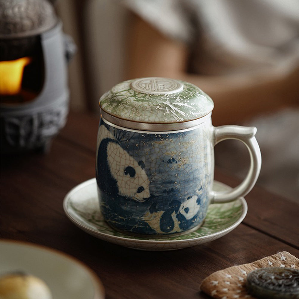Ru Kiln Panda and Bamboo Ceramic Tea Cup with Lid and Saucer
