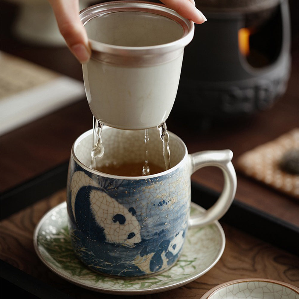 Ru Kiln Panda and Bamboo Ceramic Tea Cup with Lid and Saucer