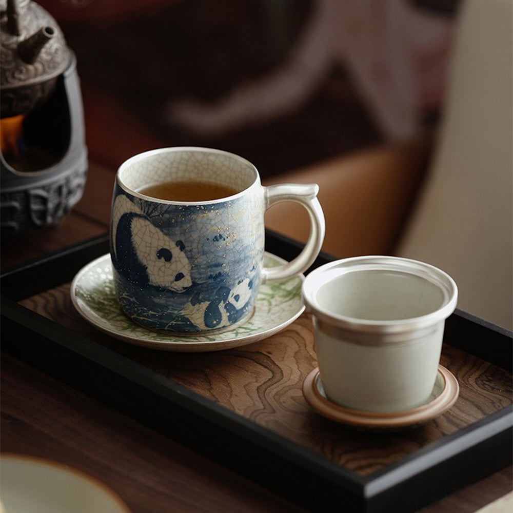 Ru Kiln Panda and Bamboo Ceramic Tea Cup with Lid and Saucer