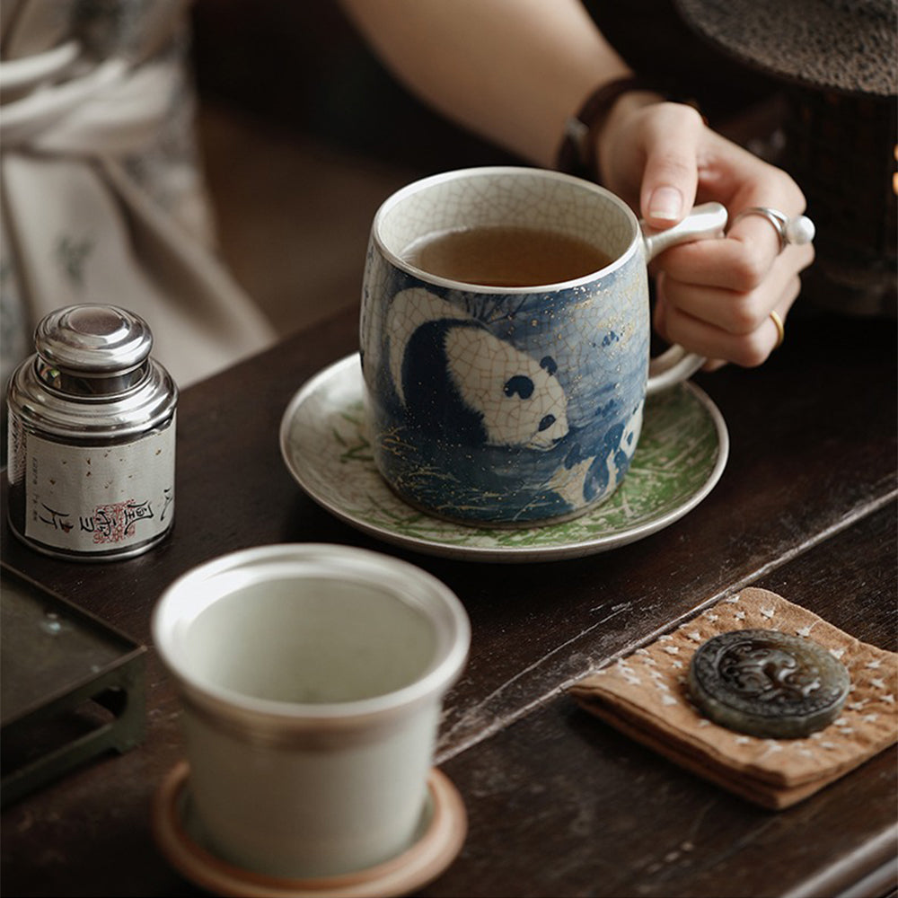 Ru Kiln Panda and Bamboo Ceramic Tea Cup with Lid and Saucer