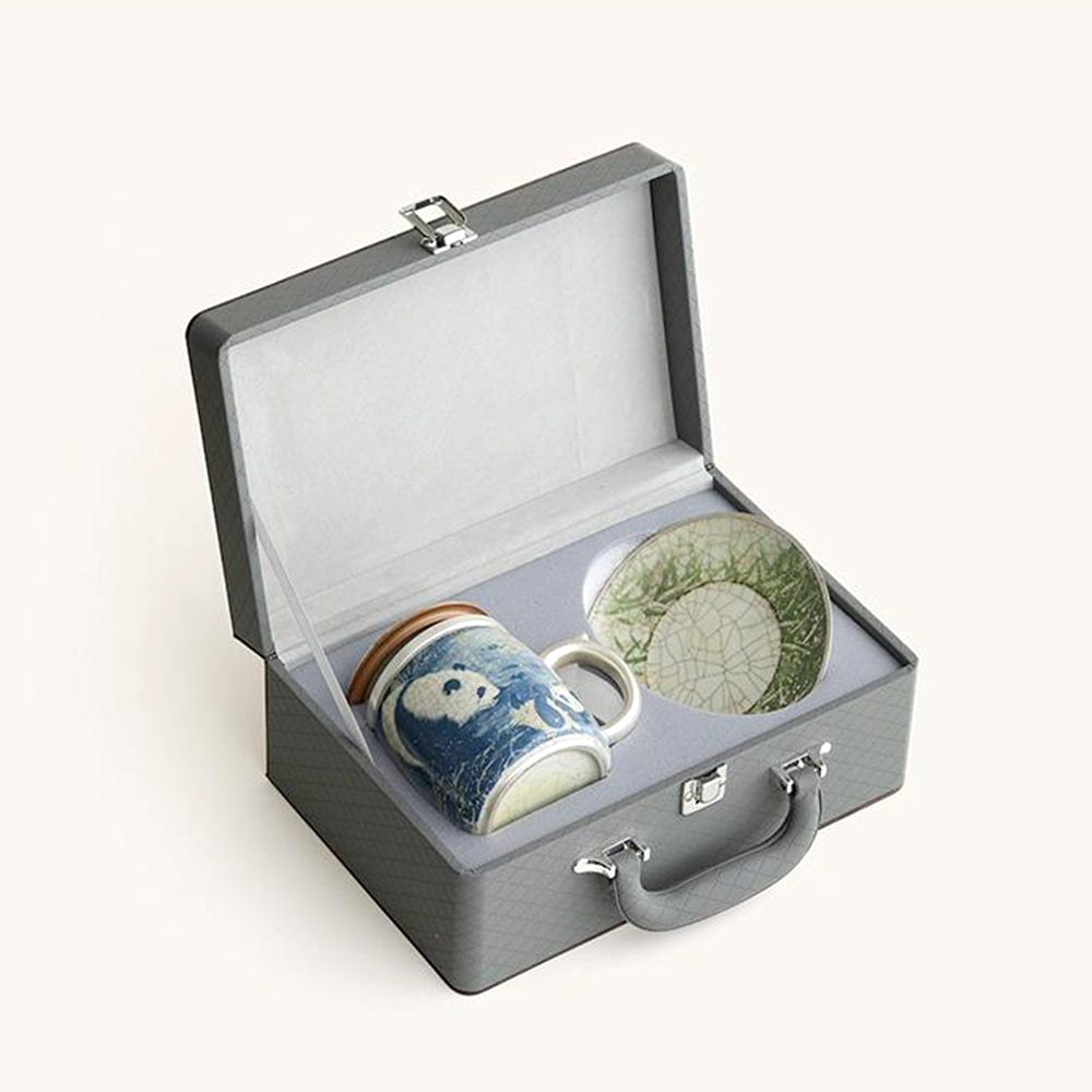 Ru Kiln Panda and Bamboo Ceramic Tea Cup with Lid and Saucer