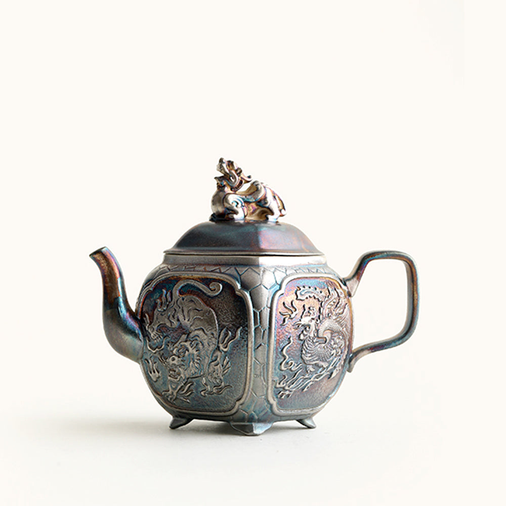 Silver-Plated Ceramic Teapot with Chinese Mythical Beasts