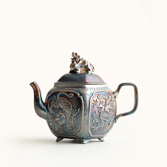 Silver-Plated Ceramic Teapot with Chinese Mythical Beasts