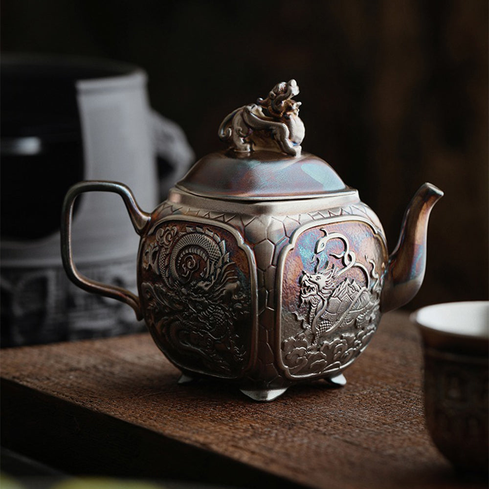 Silver-Plated Ceramic Teapot with Chinese Mythical Beasts