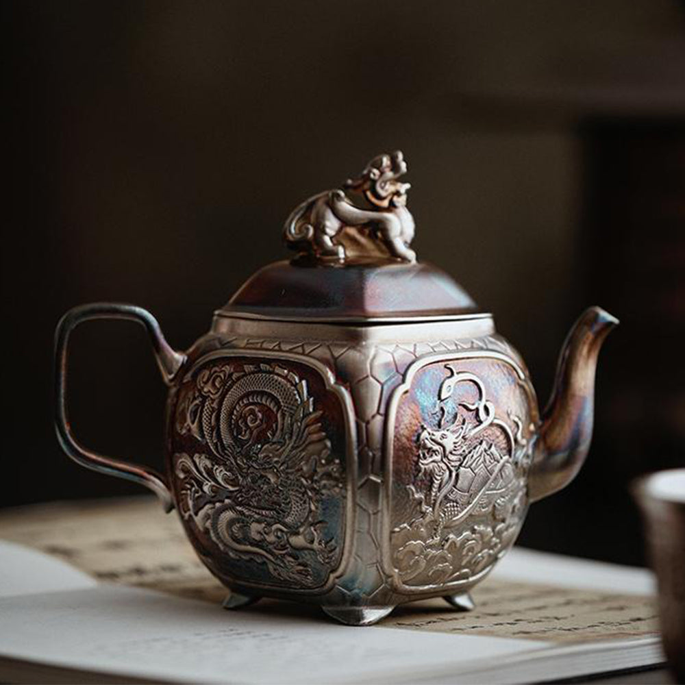 Silver-Plated Ceramic Teapot with Chinese Mythical Beasts