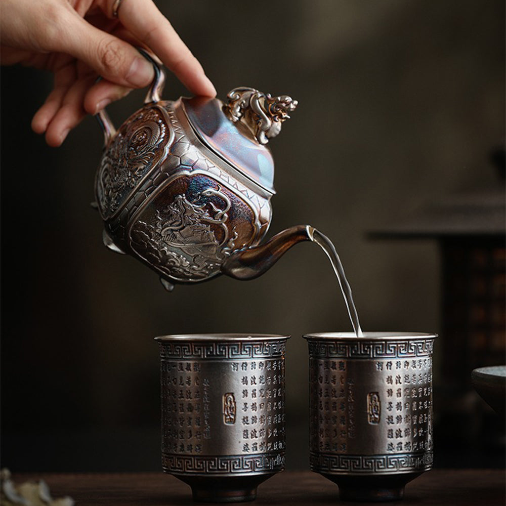 Silver-Plated Ceramic Teapot with Chinese Mythical Beasts