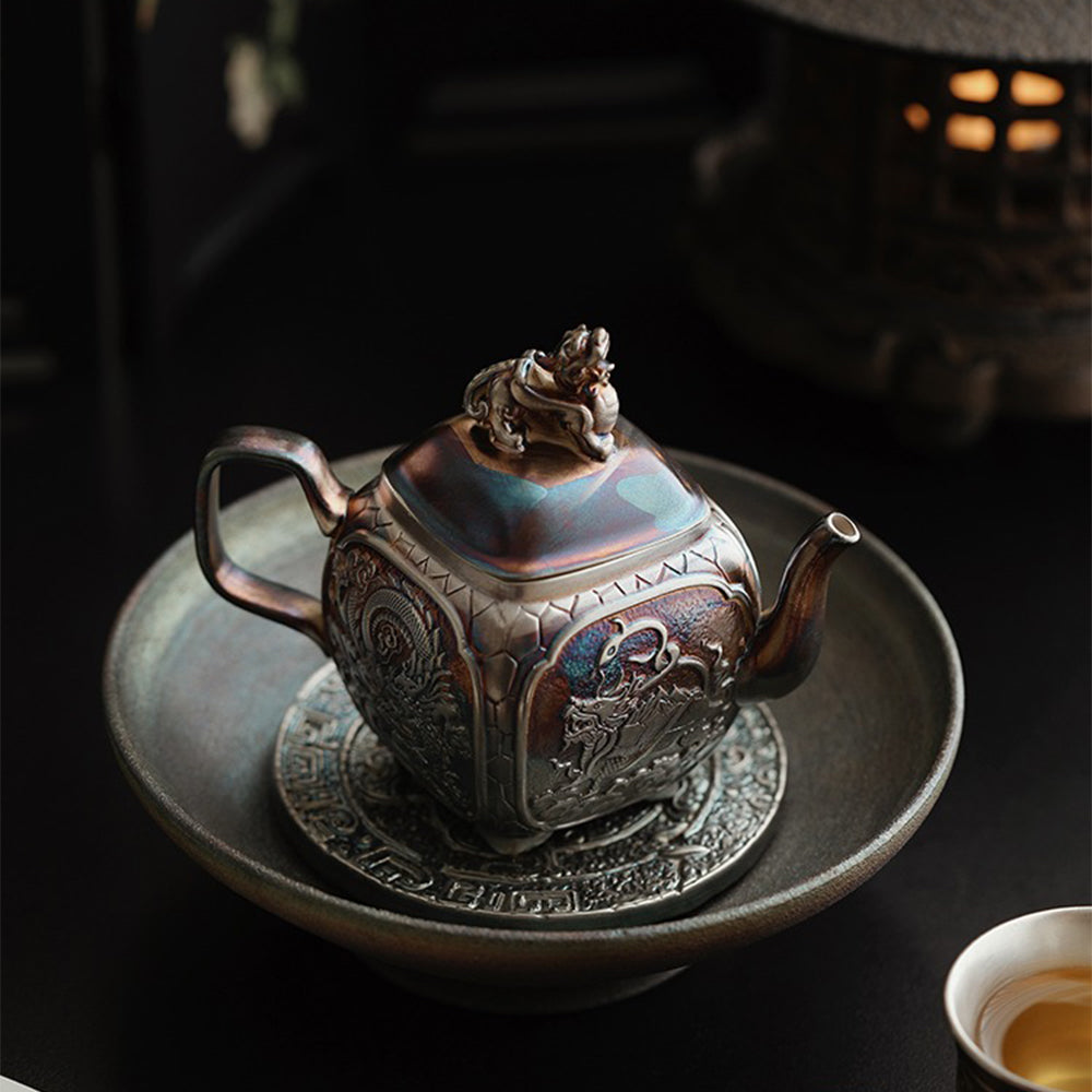 Silver-Plated Ceramic Teapot with Chinese Mythical Beasts