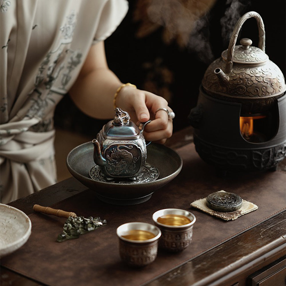 Silver-Plated Ceramic Teapot with Chinese Mythical Beasts