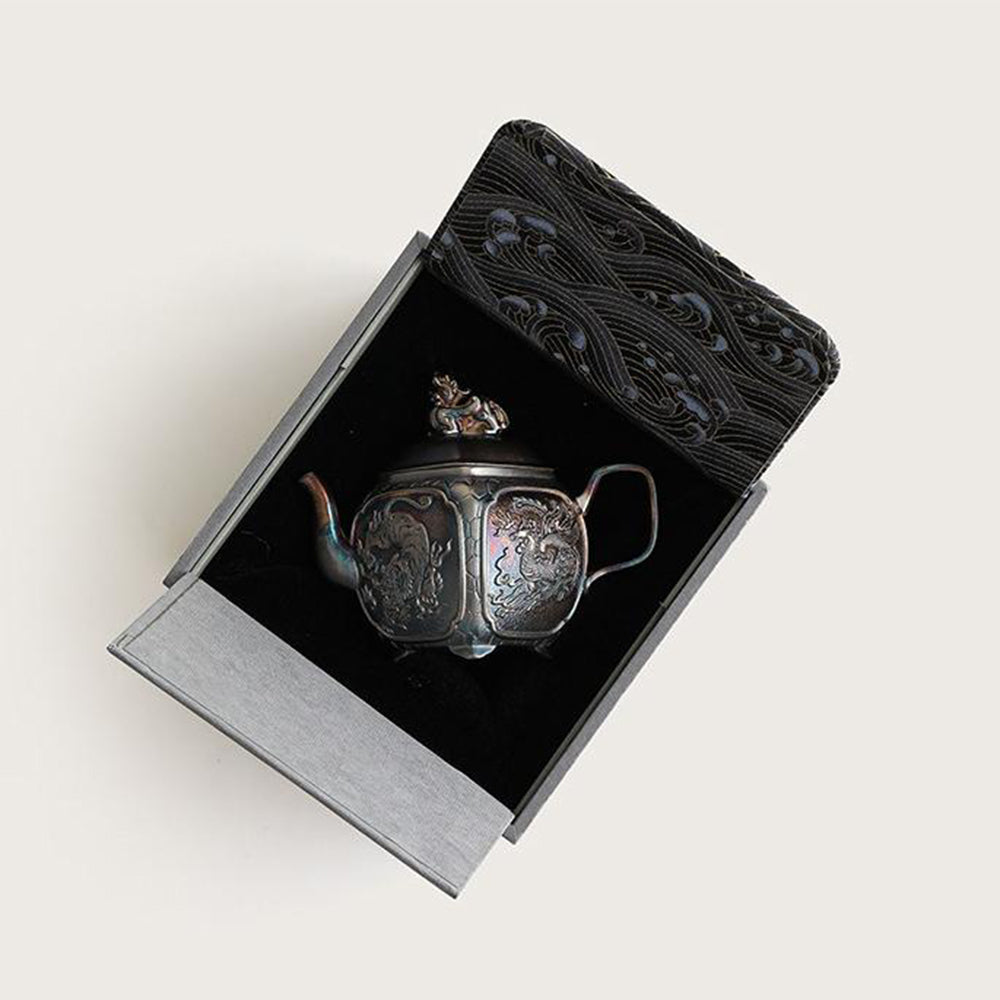 Silver-Plated Ceramic Teapot with Chinese Mythical Beasts
