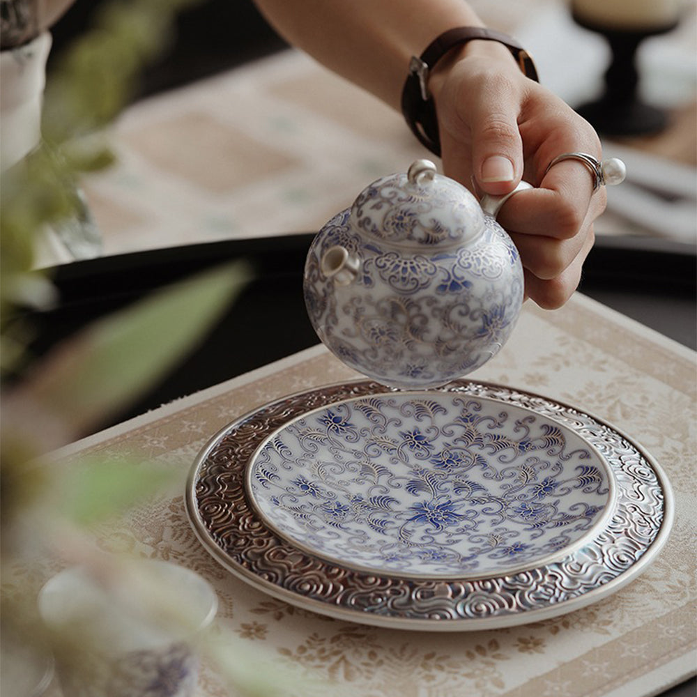 Silver-Gilt Blue and White Porcelain Teapot