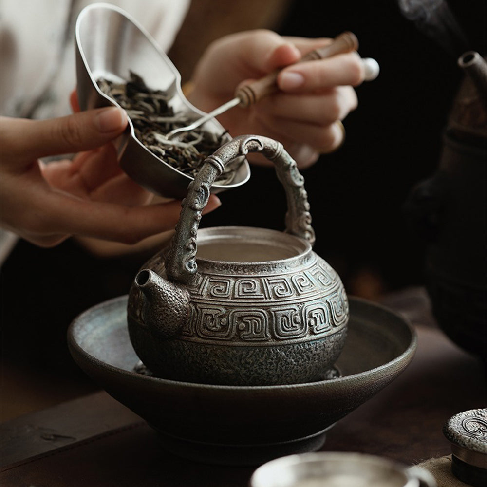 Antique Silver-Plated Ceramic Teapot with Traditional Handle