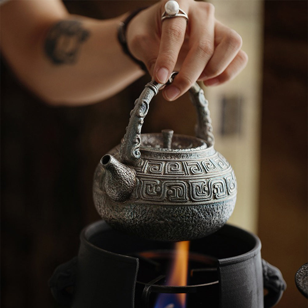 Antique Silver-Plated Ceramic Teapot with Traditional Handle