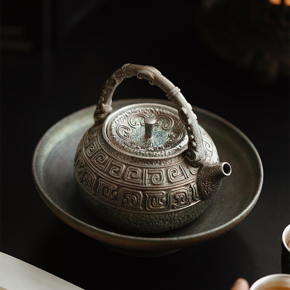 Antique Silver-Plated Ceramic Teapot with Traditional Handle