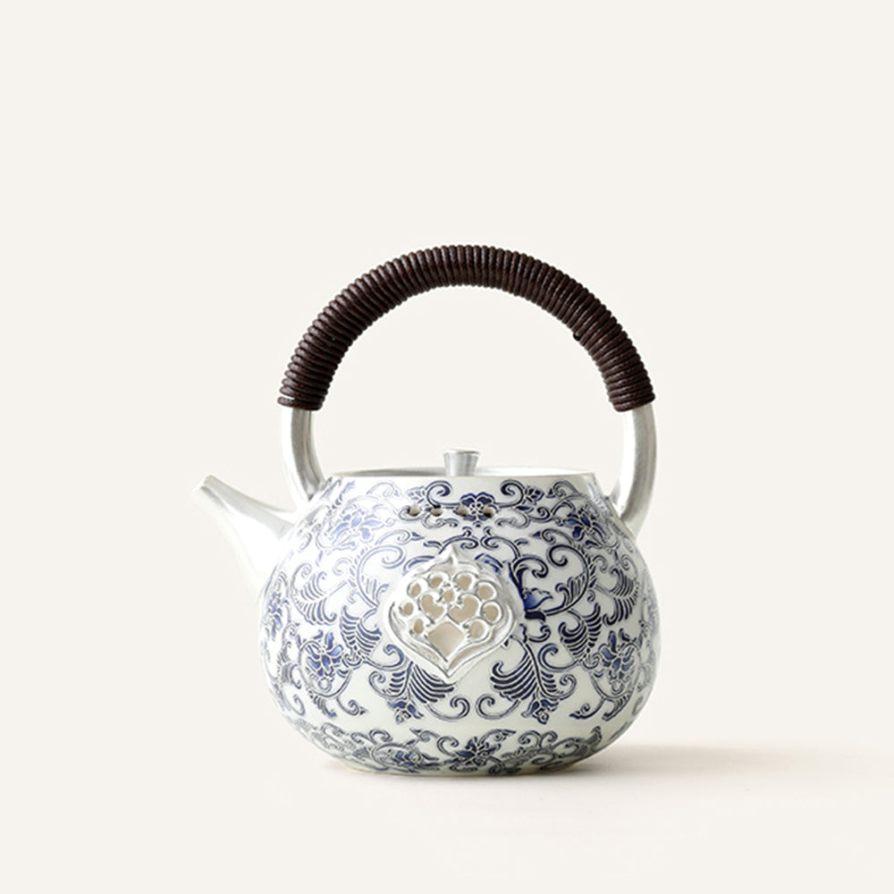 Silver-Plated Blue and White Porcelain Teapot with Scald-Resistant Handle