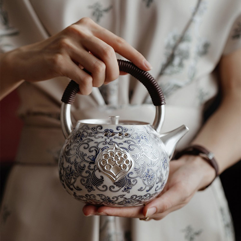 Silver-Plated Blue and White Porcelain Teapot with Scald-Resistant Handle
