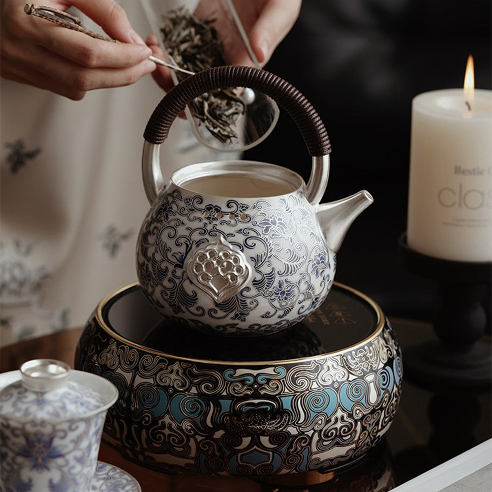 Silver-Plated Blue and White Porcelain Teapot with Scald-Resistant Handle