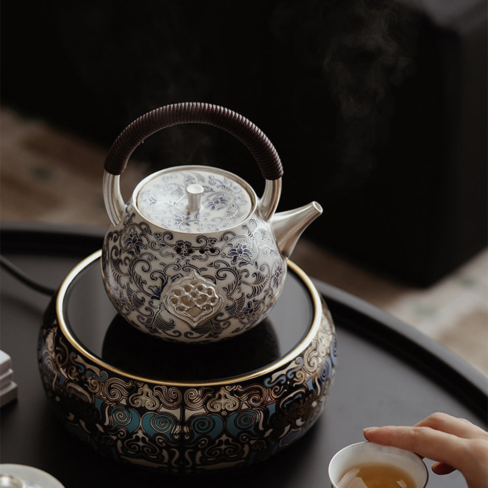 Silver-Plated Blue and White Porcelain Teapot with Scald-Resistant Handle
