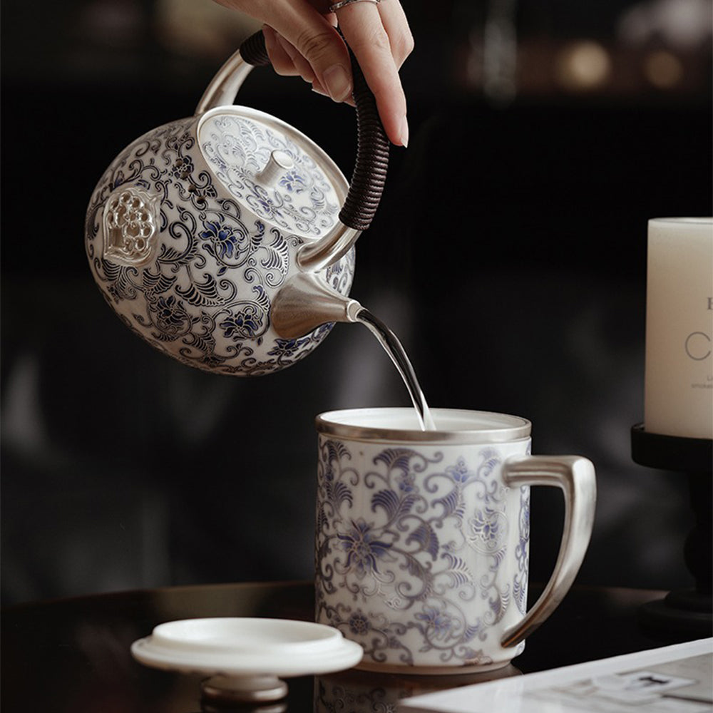 Silver-Plated Blue and White Porcelain Teapot with Scald-Resistant Handle