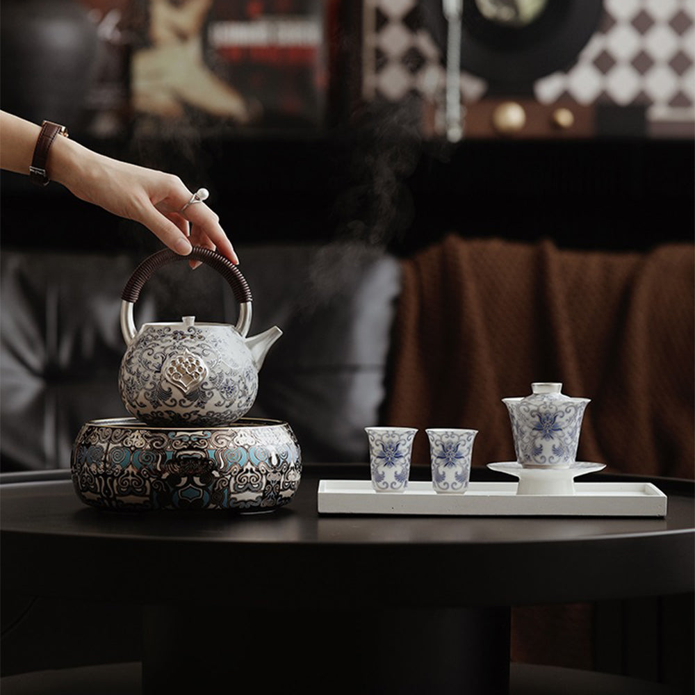 Silver-Plated Blue and White Porcelain Teapot with Scald-Resistant Handle