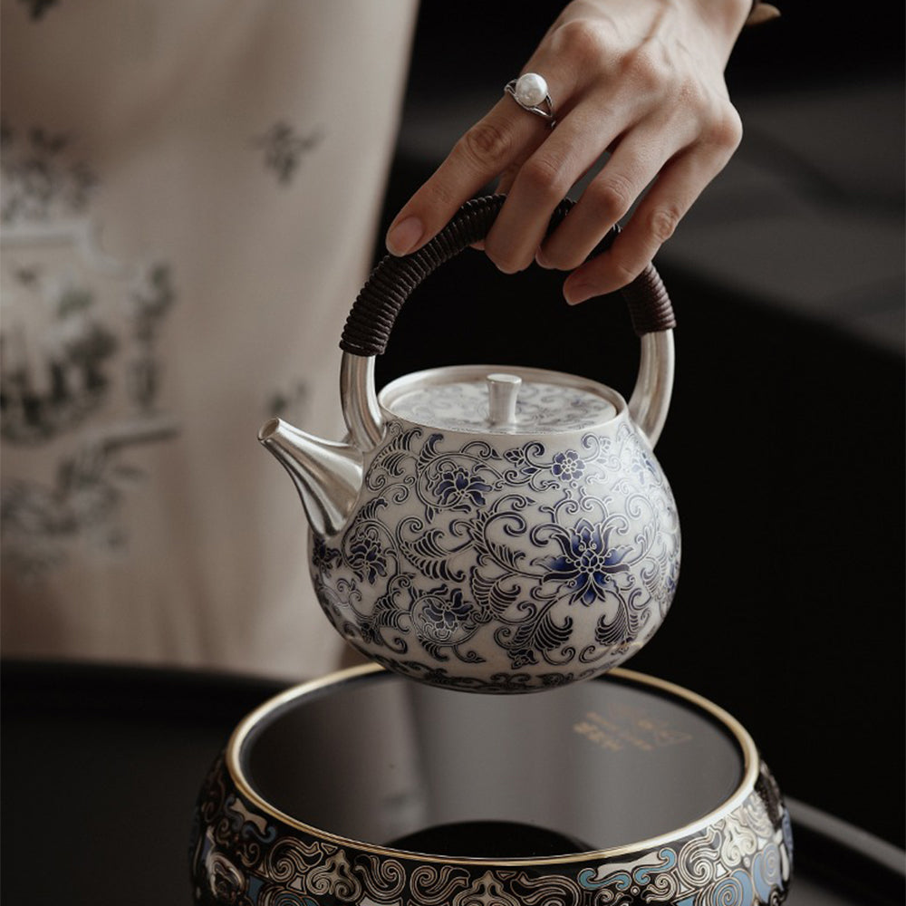 Silver-Plated Blue and White Porcelain Teapot with Scald-Resistant Handle