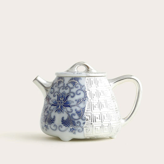 Silver-Gilt Blue and White Shi Piao Teapot with Lotus Design