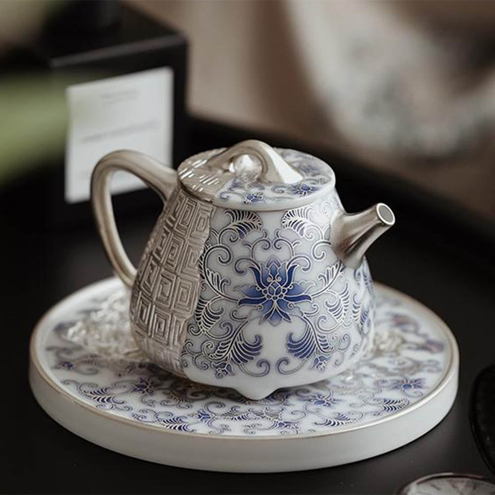 Silver-Gilt Blue and White Shi Piao Teapot with Lotus Design