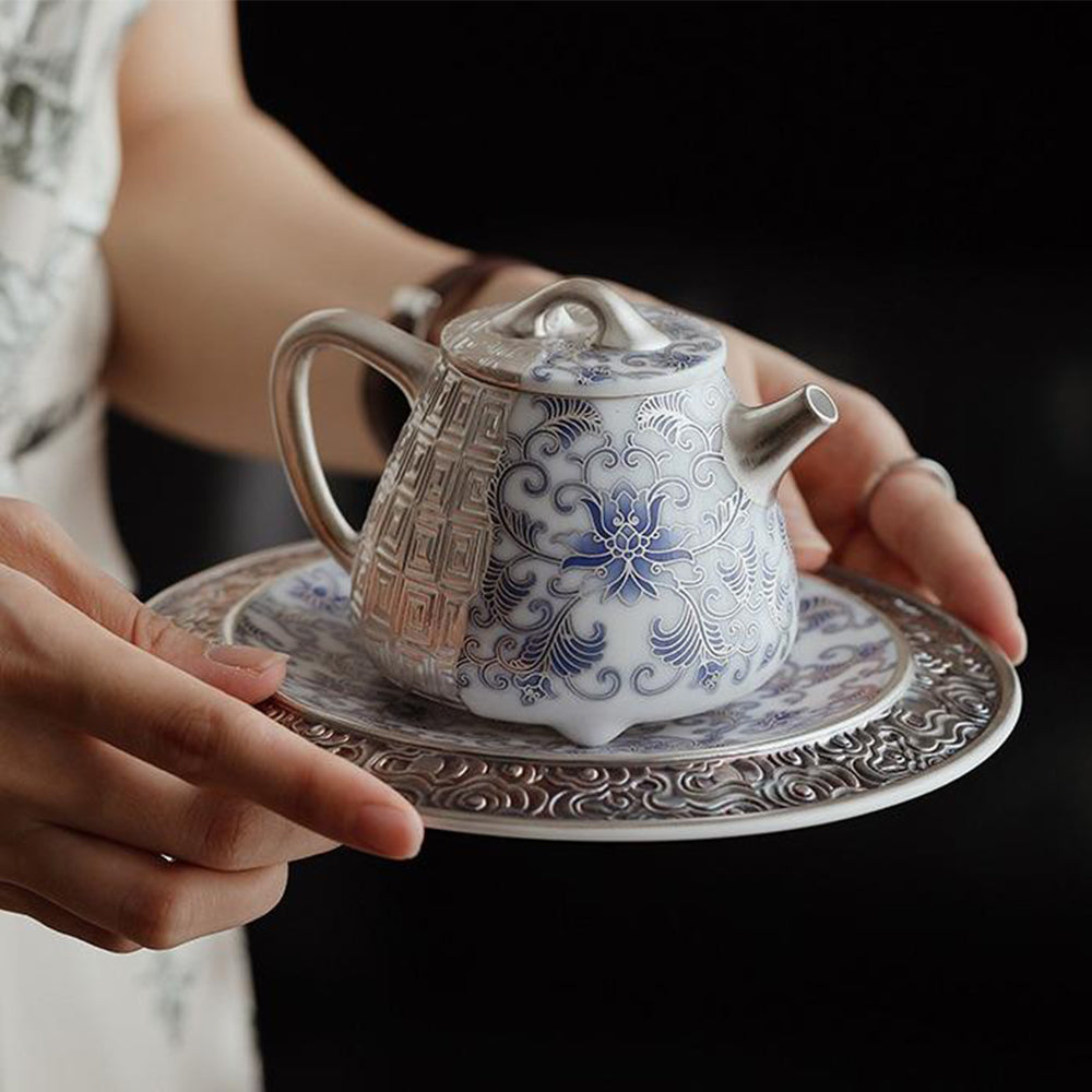Silver-Gilt Blue and White Shi Piao Teapot with Lotus Design