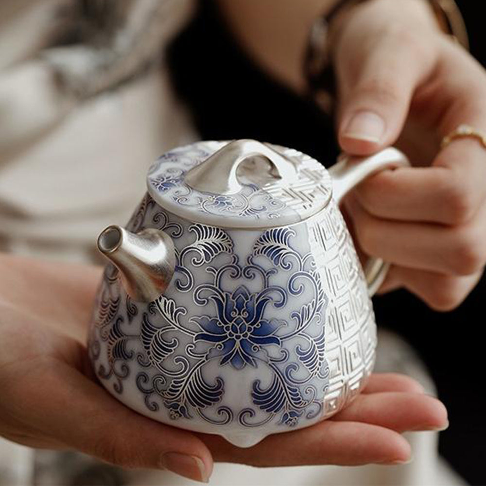 Silver-Gilt Blue and White Shi Piao Teapot with Lotus Design