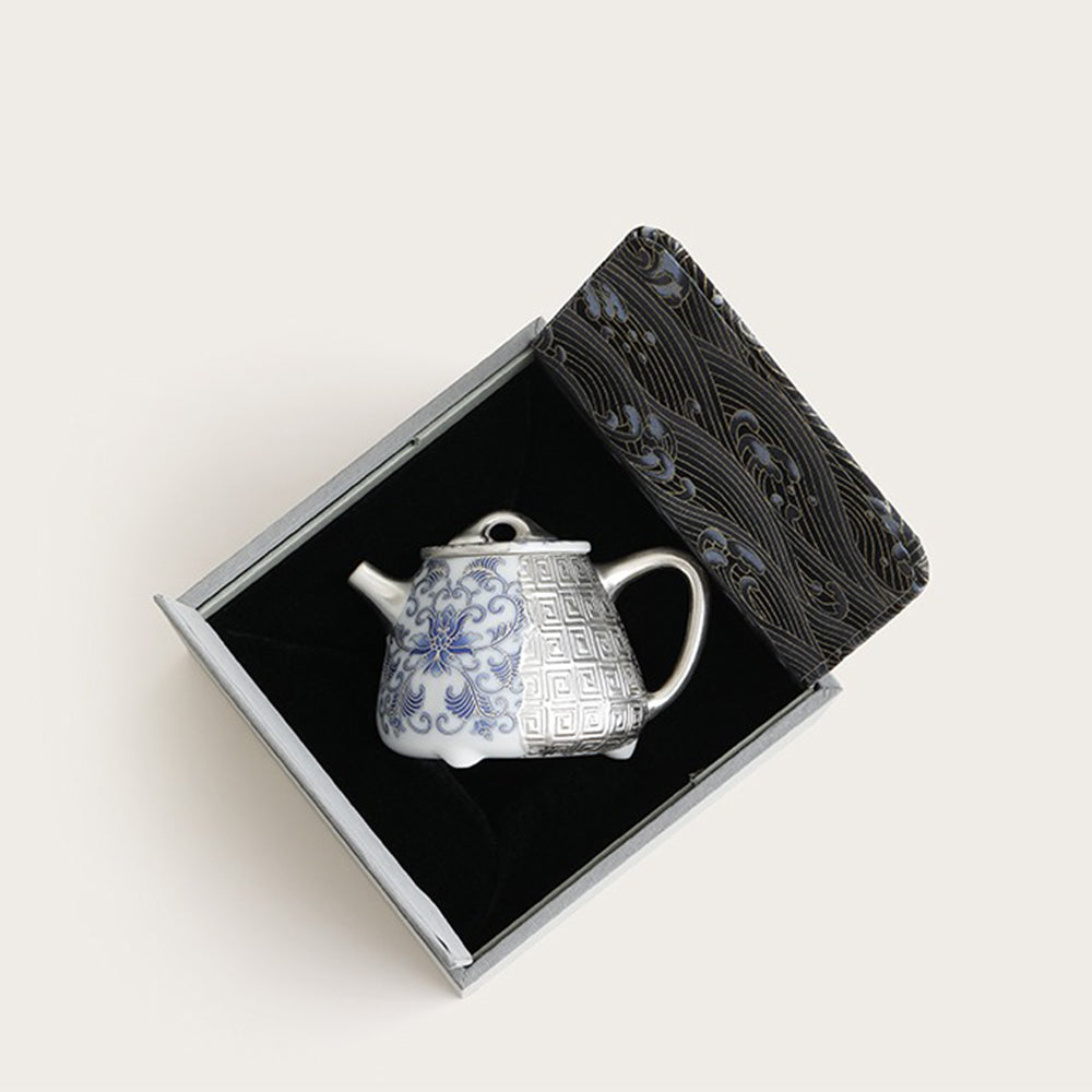 Silver-Gilt Blue and White Shi Piao Teapot with Lotus Design
