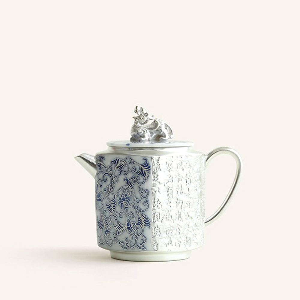 Silver-Gilt Blue and White Porcelain Teapot with Twined Branch Design