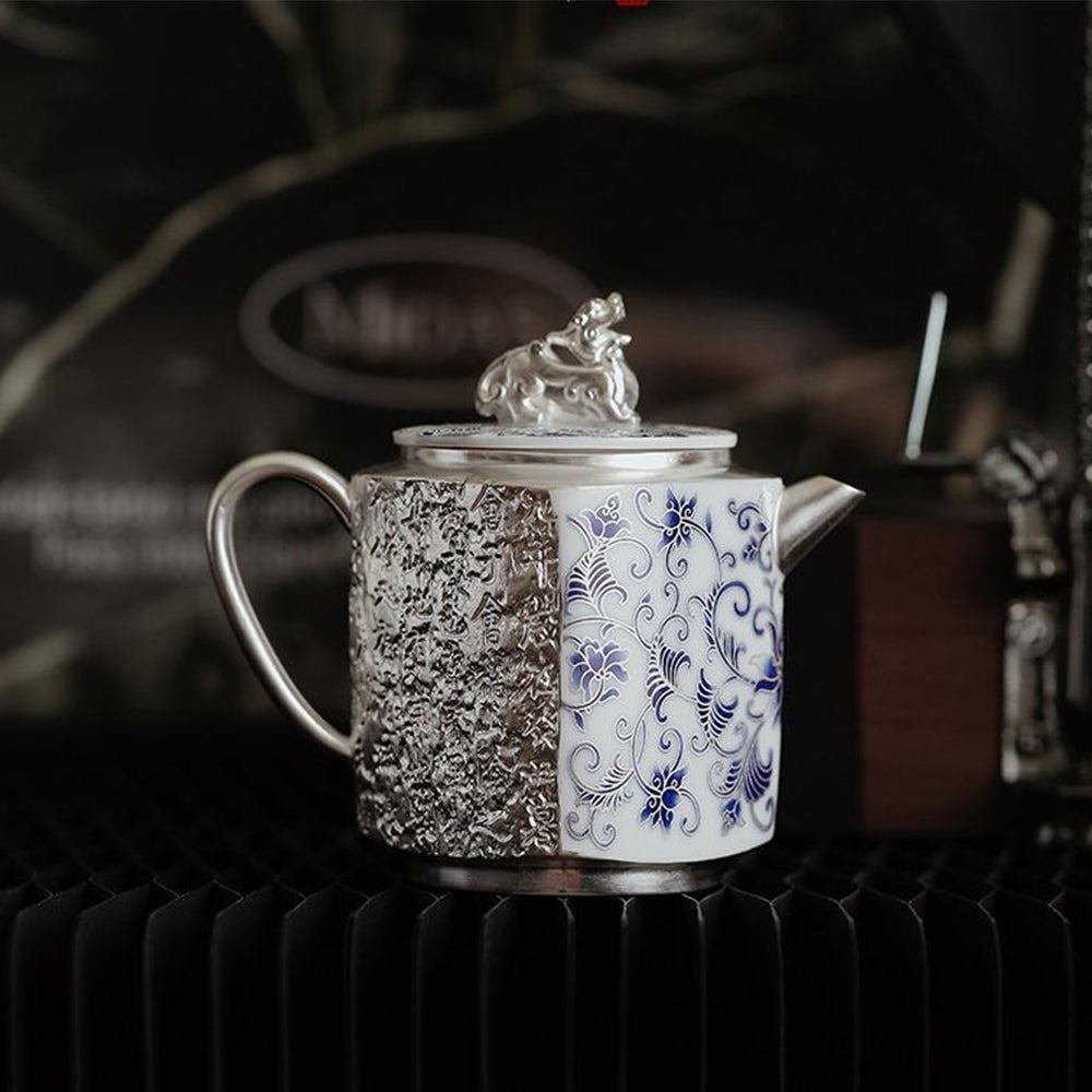 Silver-Gilt Blue and White Porcelain Teapot with Twined Branch Design