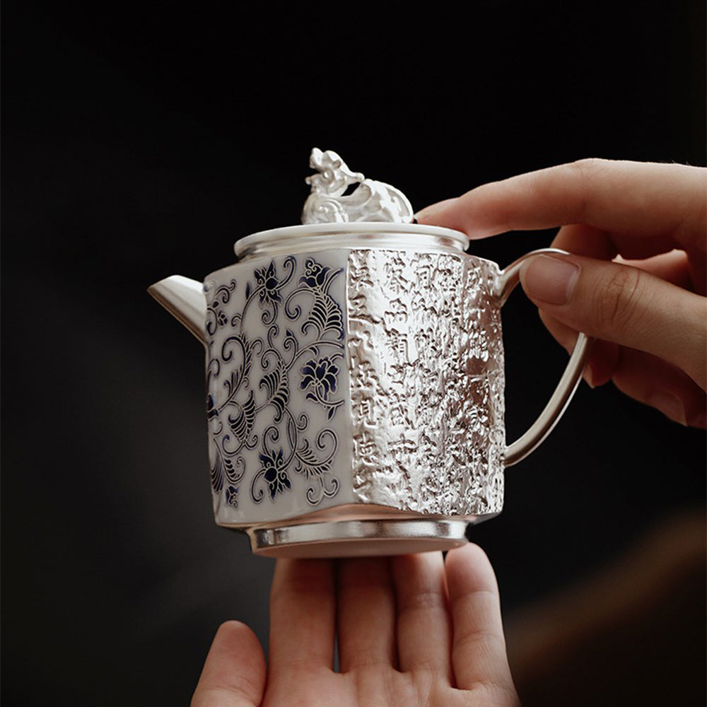 Silver-Gilt Blue and White Porcelain Teapot with Twined Branch Design