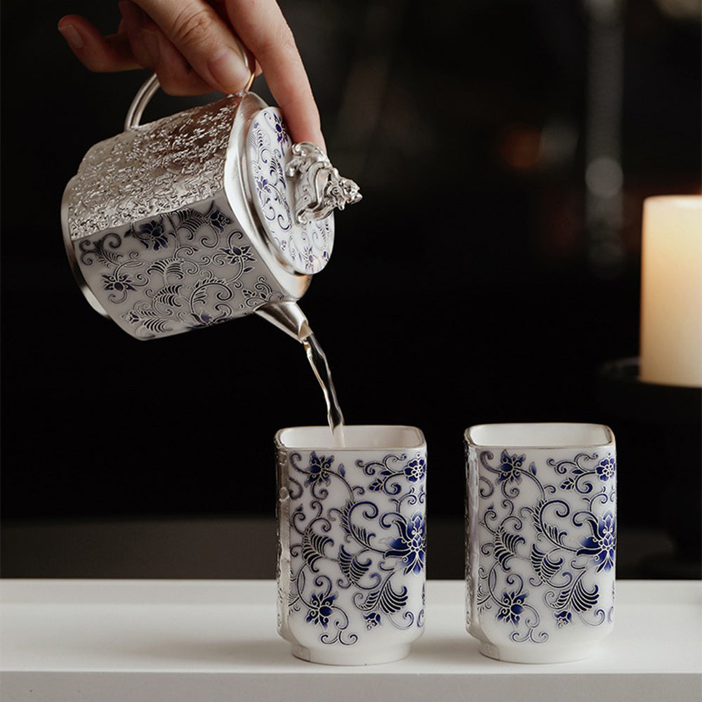 Silver-Gilt Blue and White Porcelain Teapot with Twined Branch Design