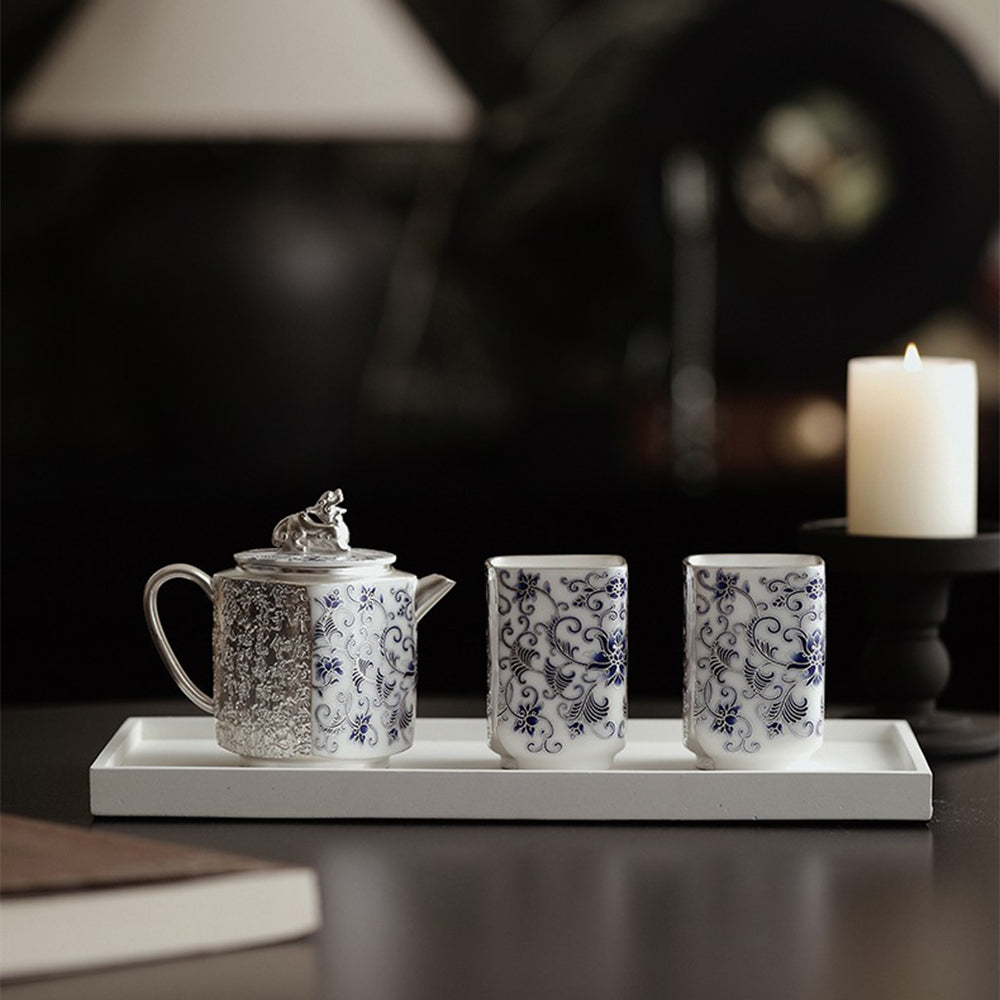 Silver-Gilt Blue and White Porcelain Teapot with Twined Branch Design
