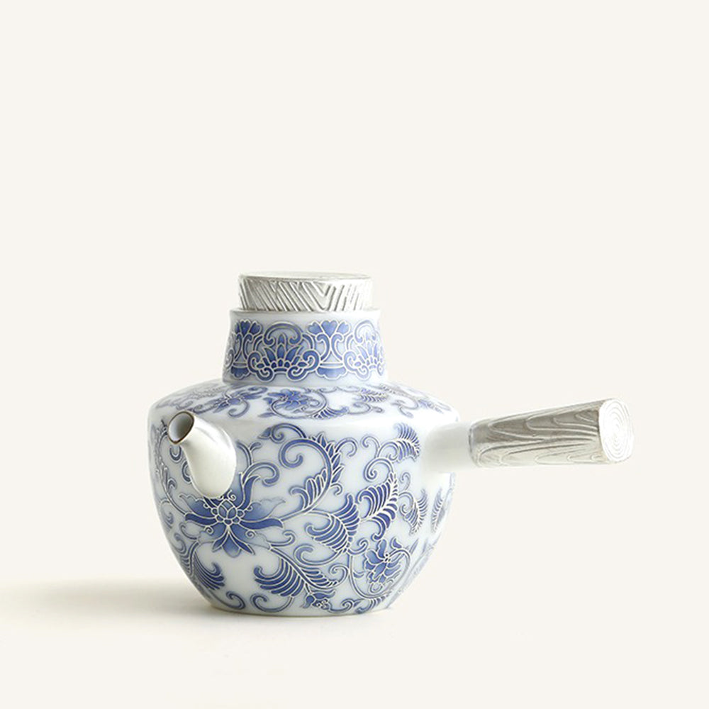 Blue and White Porcelain Teapot with Ergonomic Side Handle