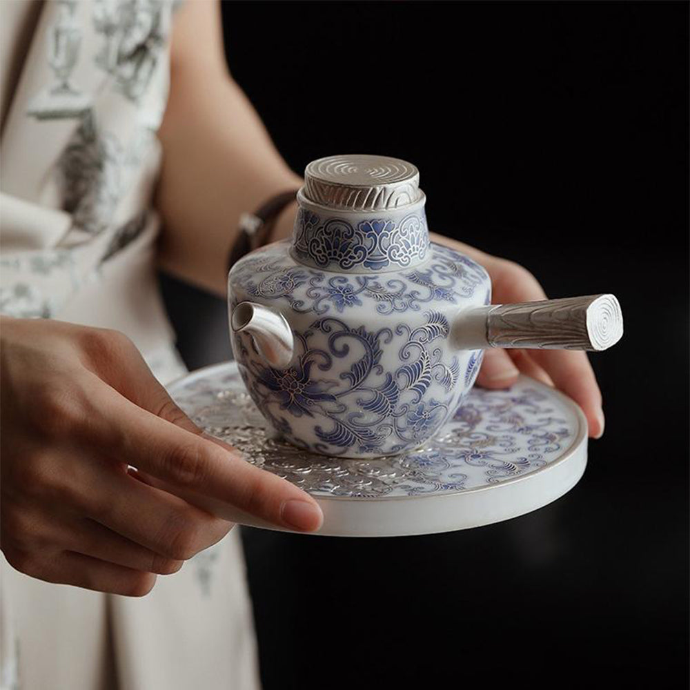 Blue and White Porcelain Teapot with Ergonomic Side Handle