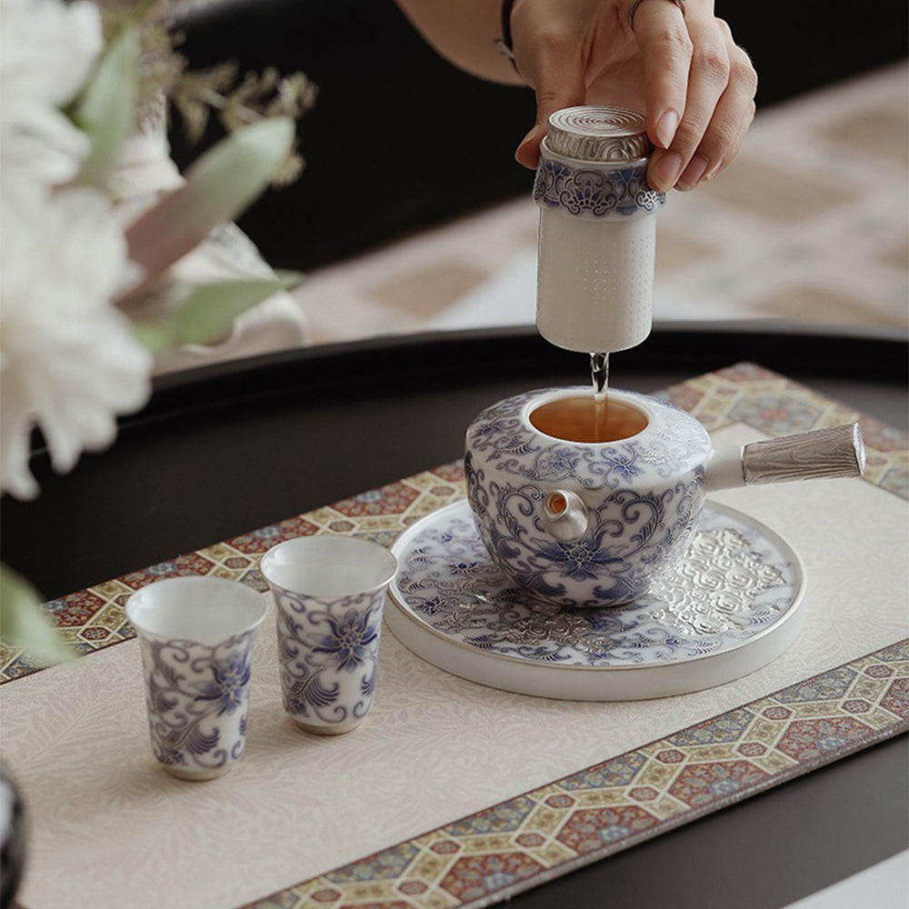 Blue and White Porcelain Teapot with Ergonomic Side Handle