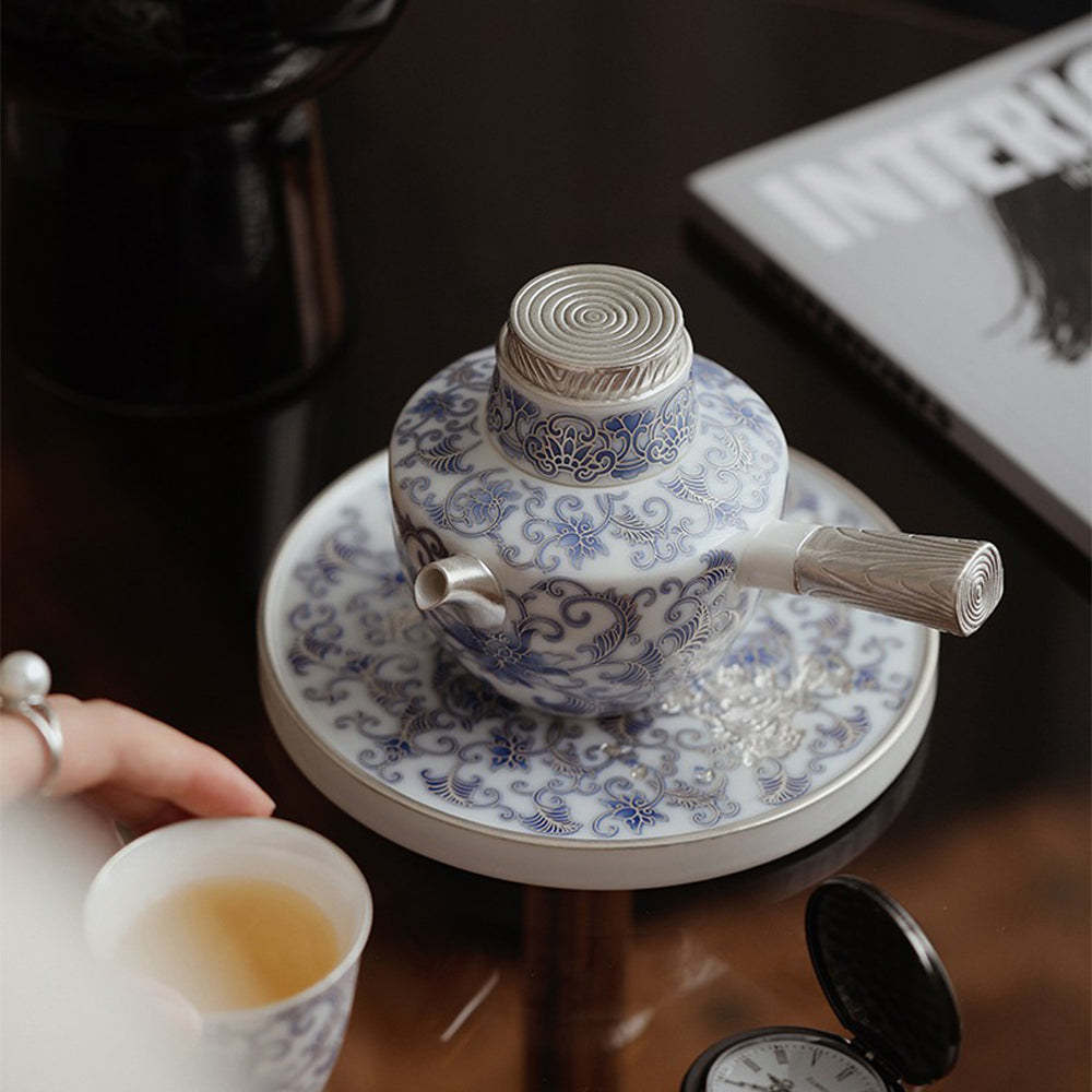 Blue and White Porcelain Teapot with Ergonomic Side Handle