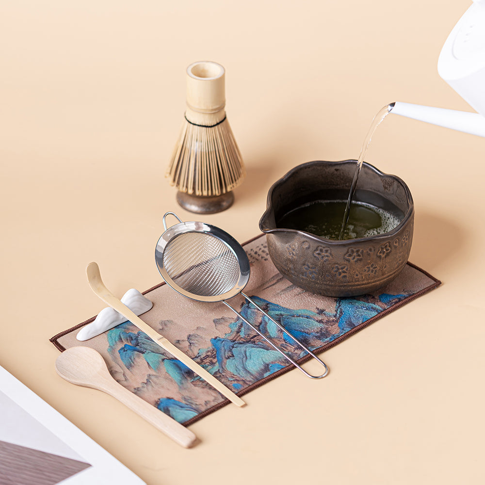 Japanese Flower Matcha Tea Set with Coarse Pottery and Bamboo Whisk