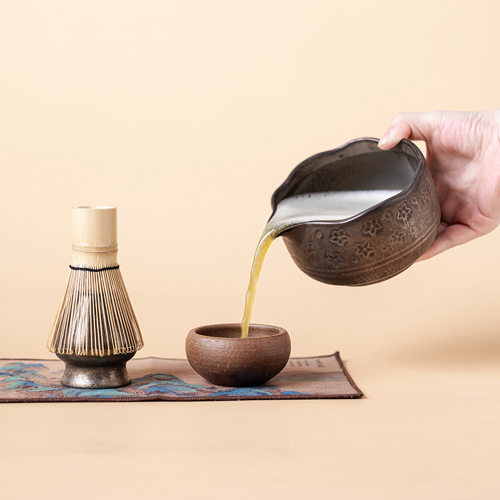 Japanese Flower Matcha Tea Set with Coarse Pottery and Bamboo Whisk